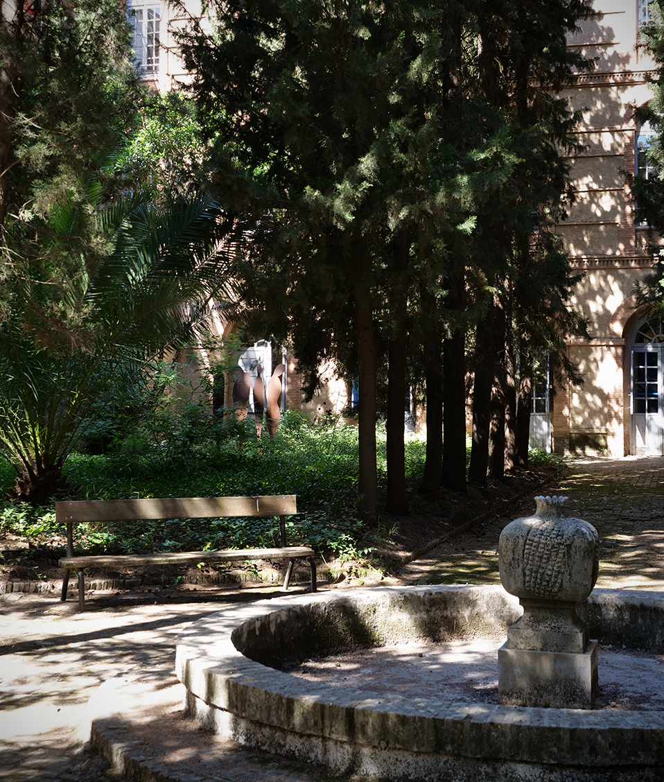 Jardín exterior de la Facultad de Comunicación y Documentación donde se puede ver un banco para sentarse y una fuente con forma de fruta de Granada