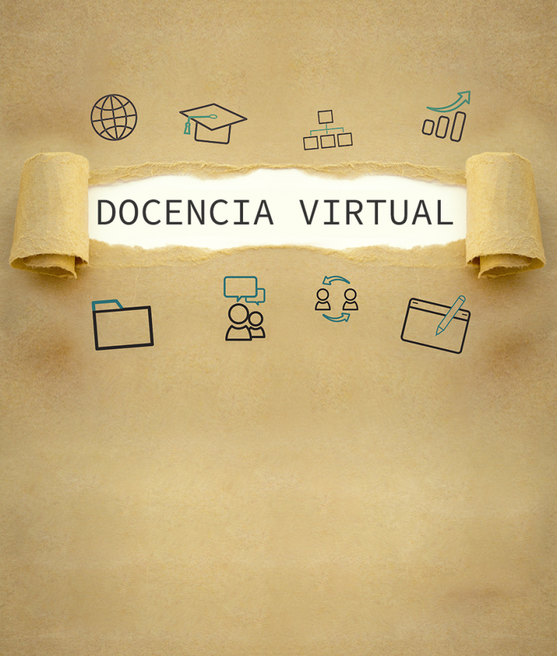 El término docencia virtual aparece rodeado de diversos iconos relacionados con la teledocencia