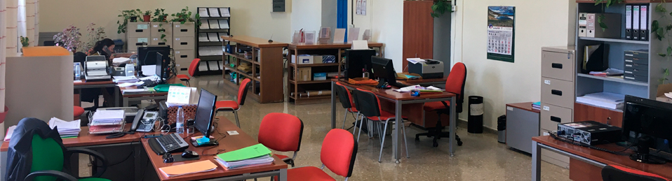 Imagen de la secretaría de la Facultad de Comunicación y Documentación, se ven diversos puestos de trabajo con sillas, mesas y estanterías