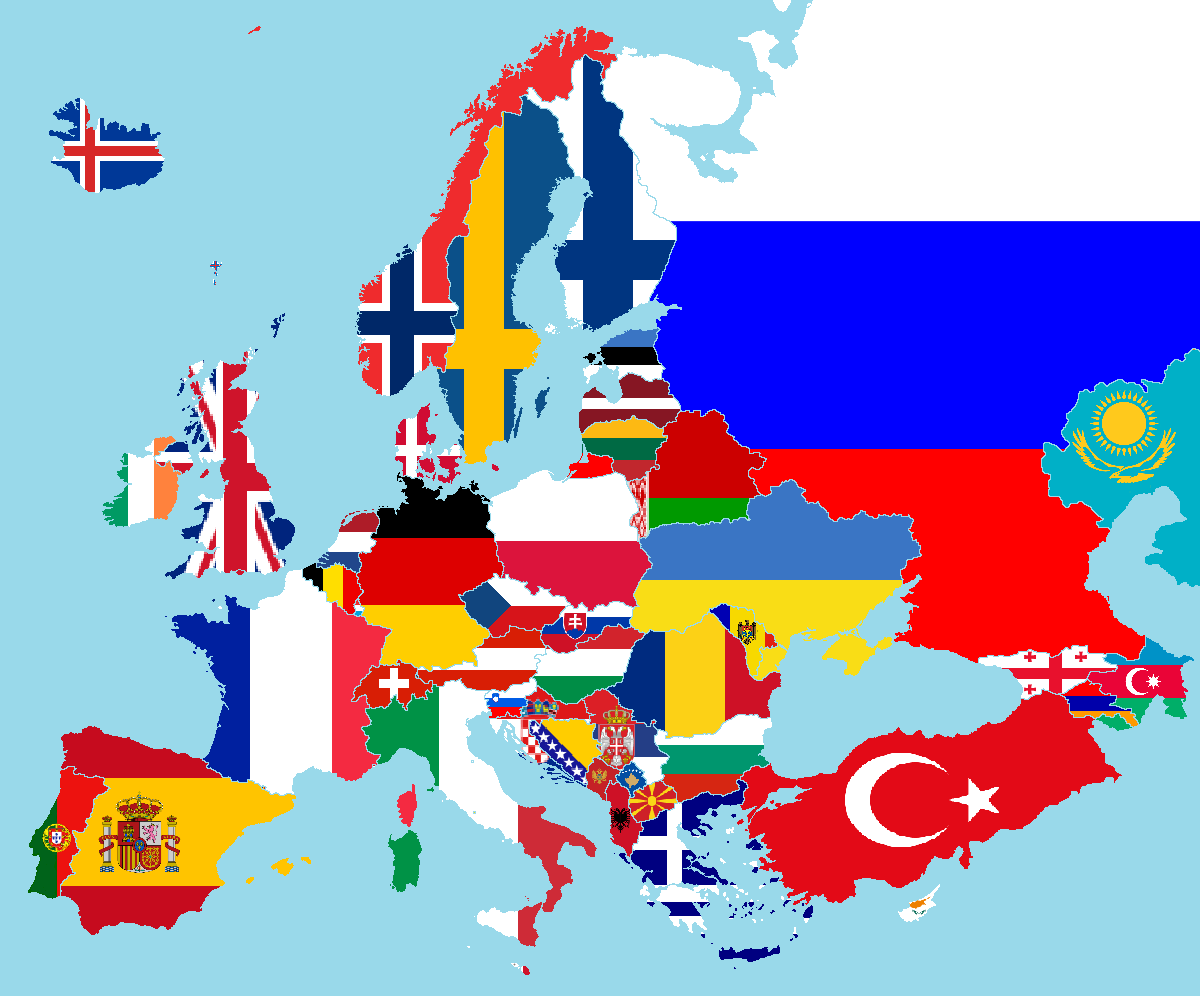 Mapa de Europa en la que cada país esta señalado con su bandera