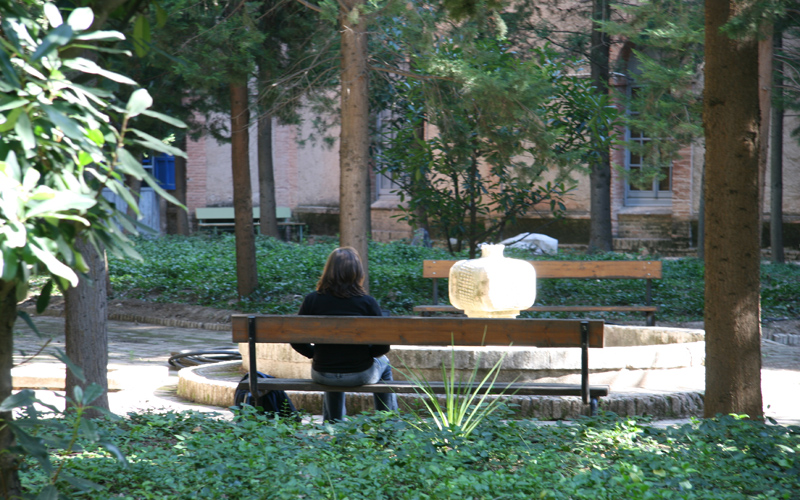 Estudiante de espaldas sentada en un banco en los jardines de la Facultad de Comunicación y Documentación