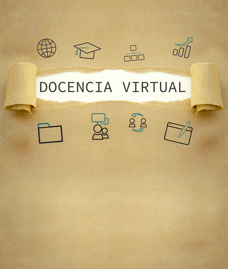 Noticias Docencia Virtual El término docencia virtual aparece rodeado de diversos iconos relacionados con la teledocencia