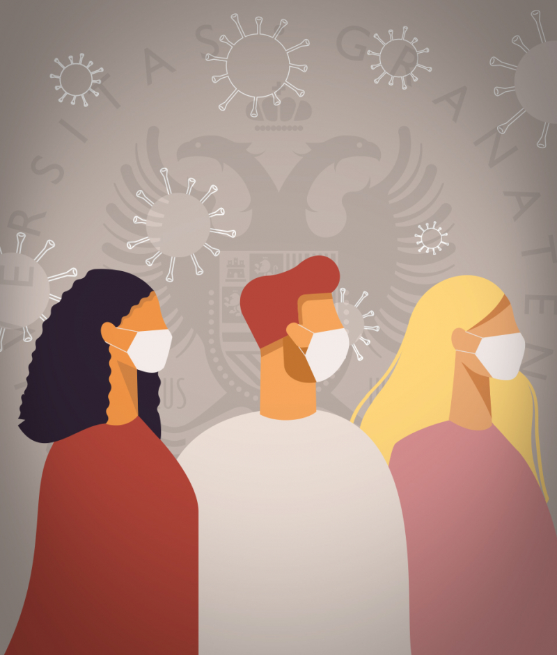 COVID-19 Ilustración 3 personas con mascarilla sobre fondo con logo UGR y covid19